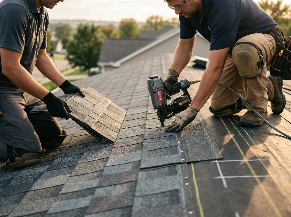 Professional roofer working on a residential roof in Grosse Pointe